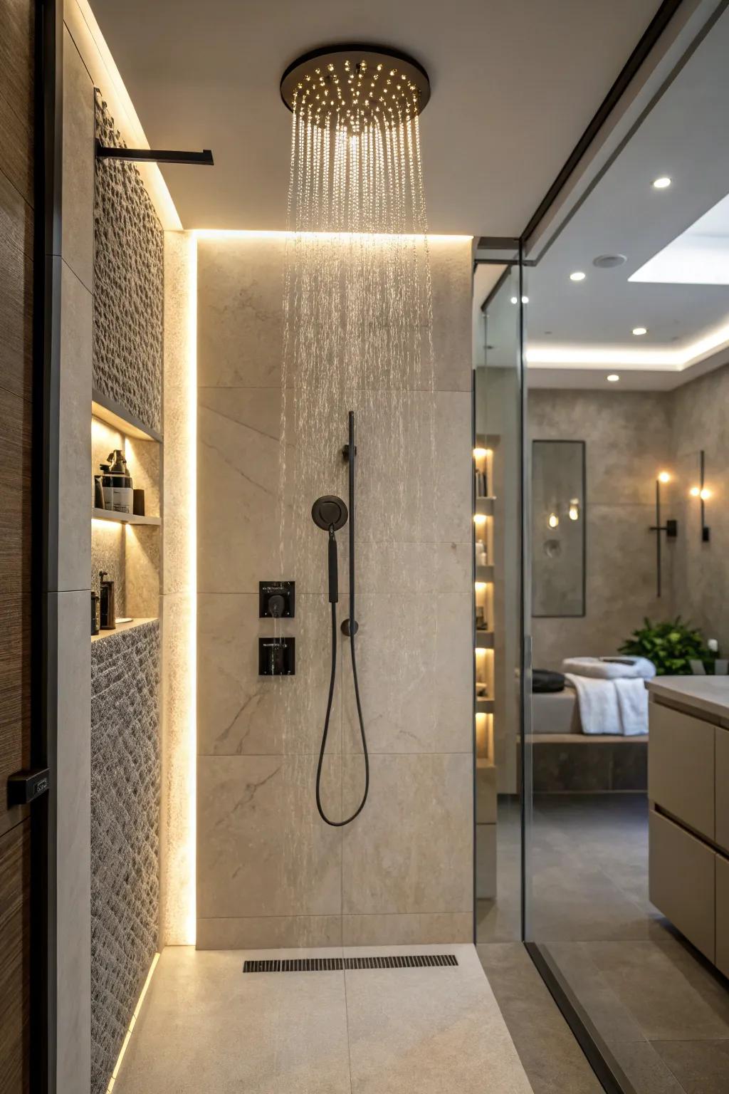 A shower room with accent lighting to highlight its design features.