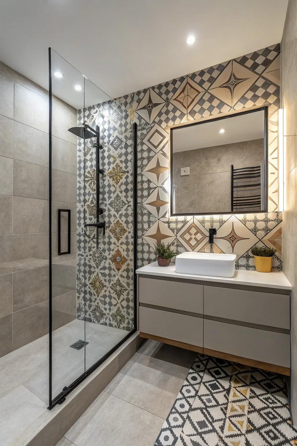 Geometric designs add a contemporary twist to the bathroom.