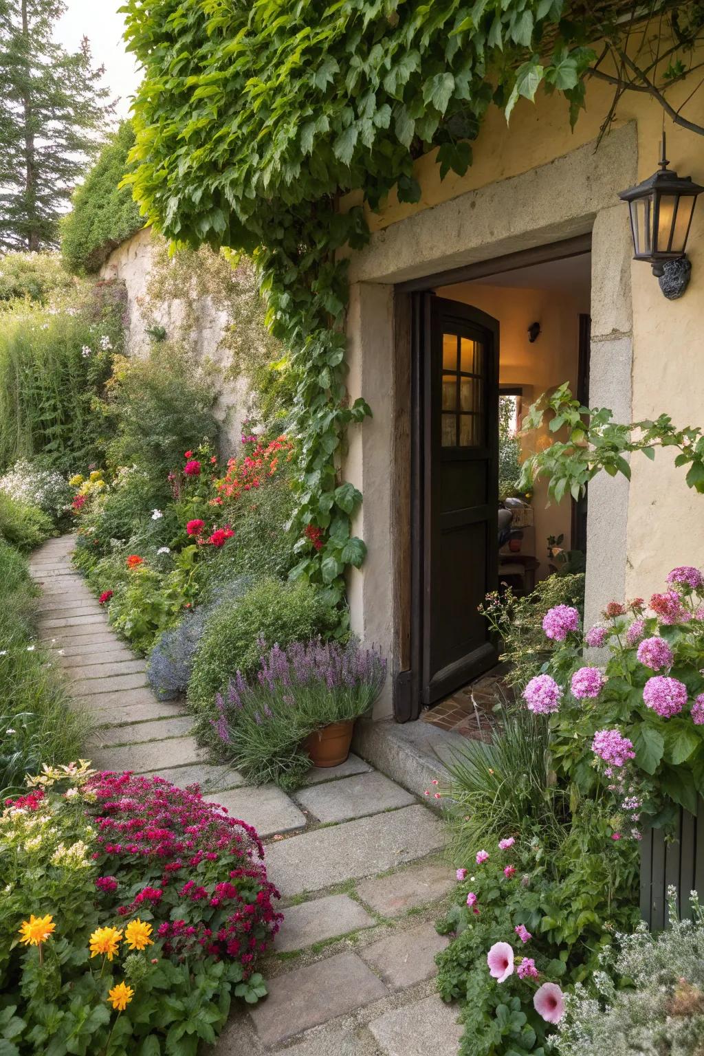 A mini garden injecting vibrant life into the side entrance.