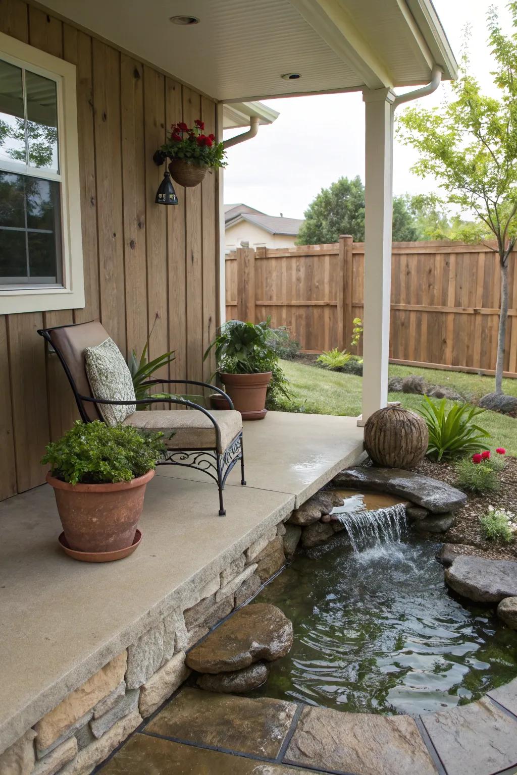 A tranquil water feature crafting a soothing ambiance on the veranda.