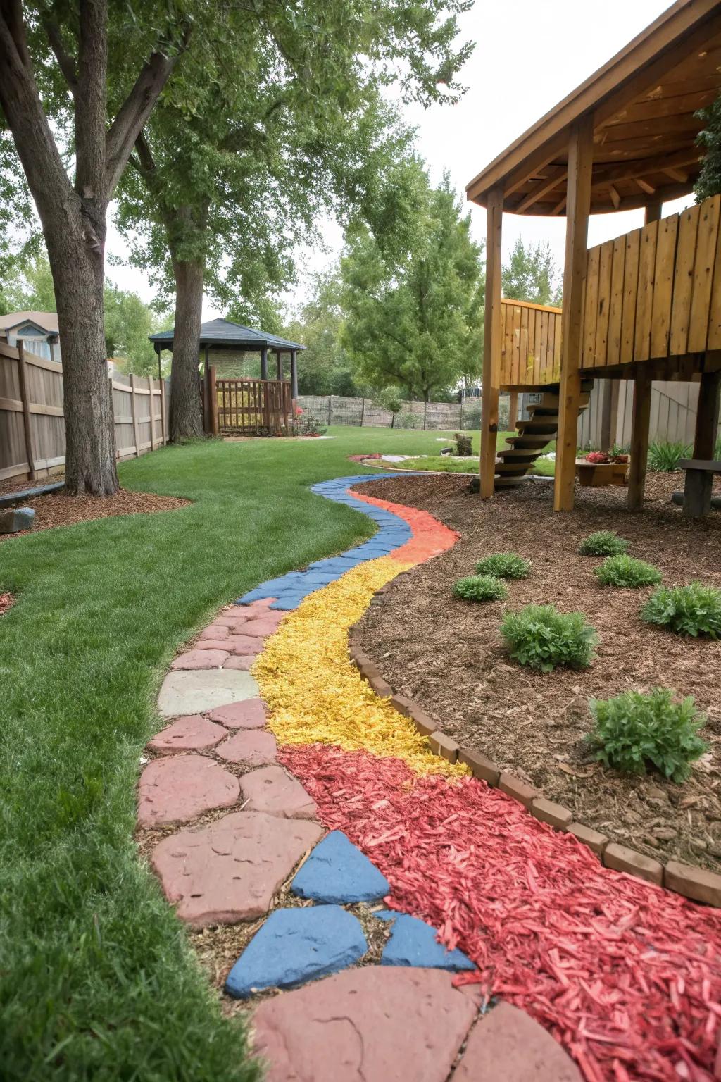 Vibrant wood shavings brighten up your side yard effortlessly.
