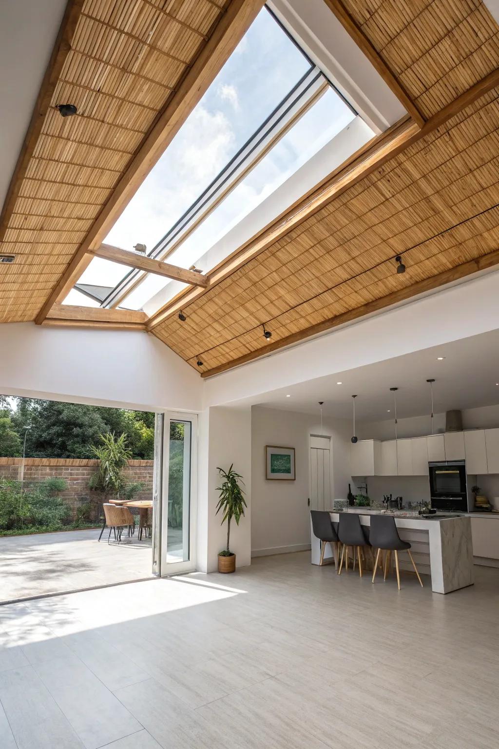 A bright studio featuring a skylight trimmed with eco-friendly bamboo.