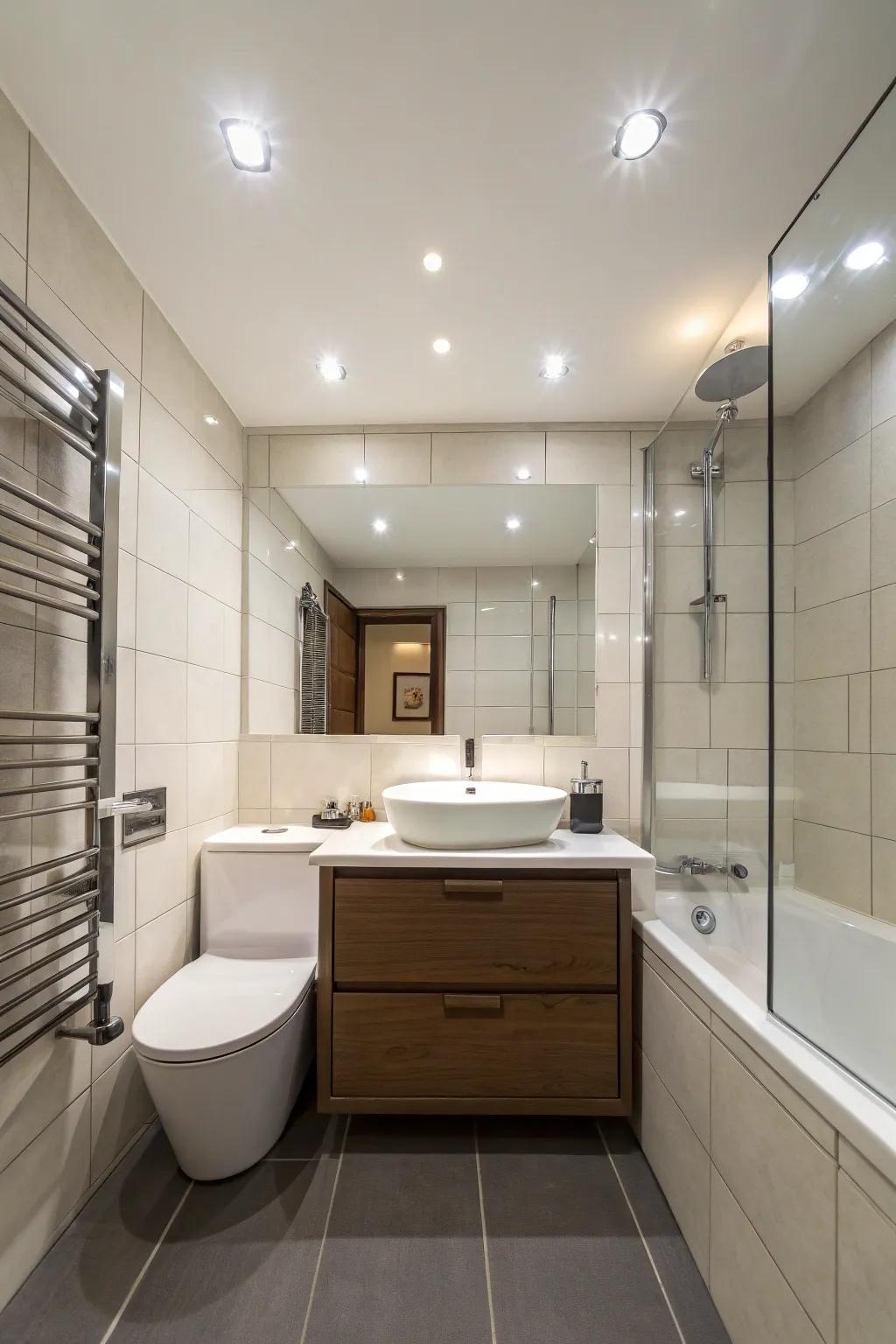 Recessed lights maintain a bright bathroom without clutter.