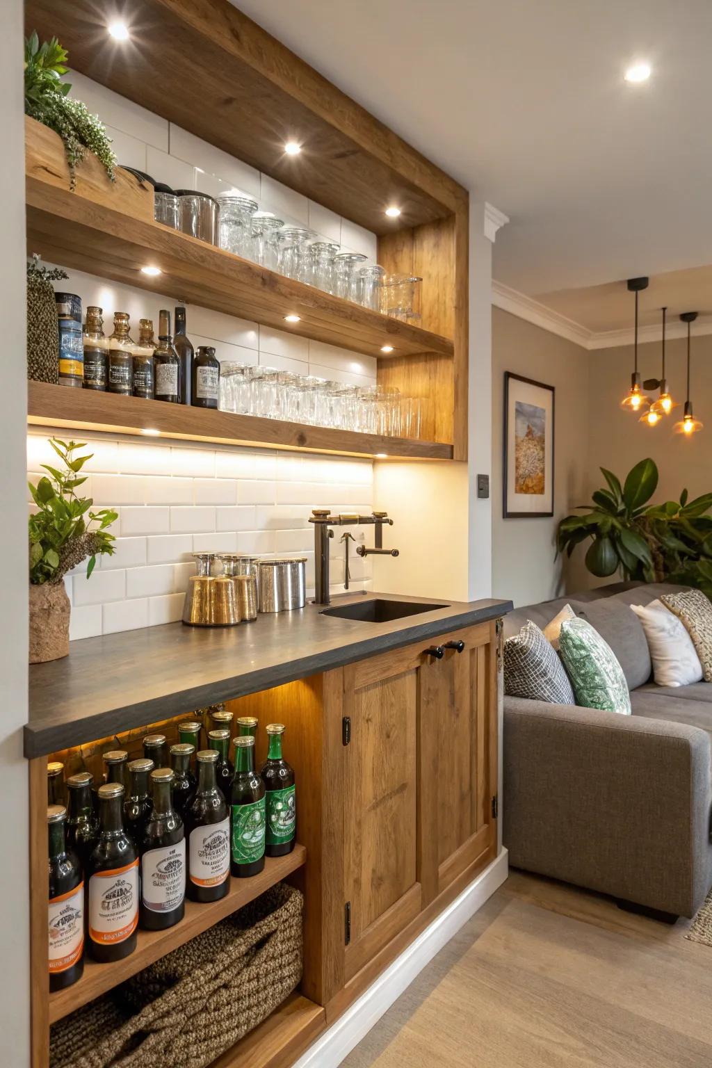Charming corner nook beer display for cozy vibes.