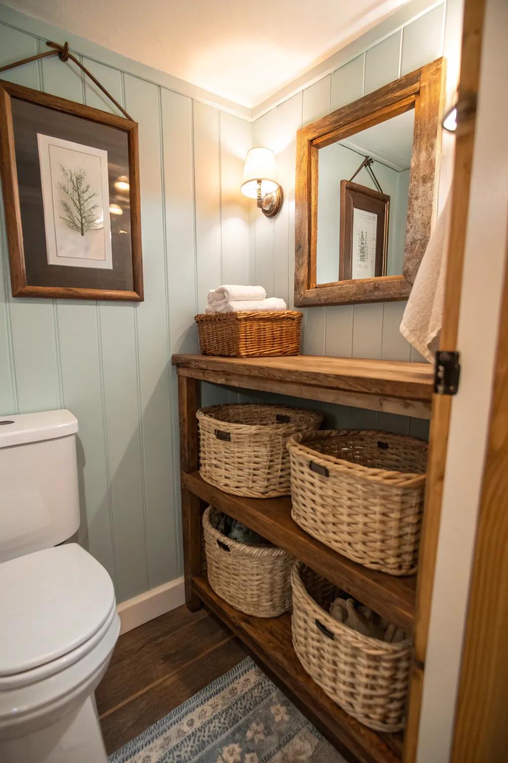 Wicker baskets introduce rustic allure and functional storage.