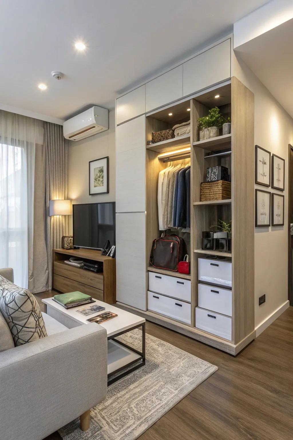 Hidden storage keeps clutter out of sight.