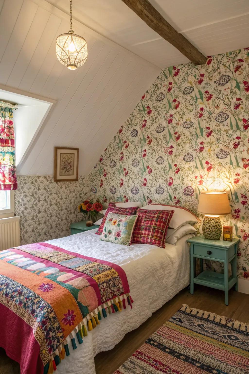 Patterns add vibrancy and interest to this cottage bedroom.