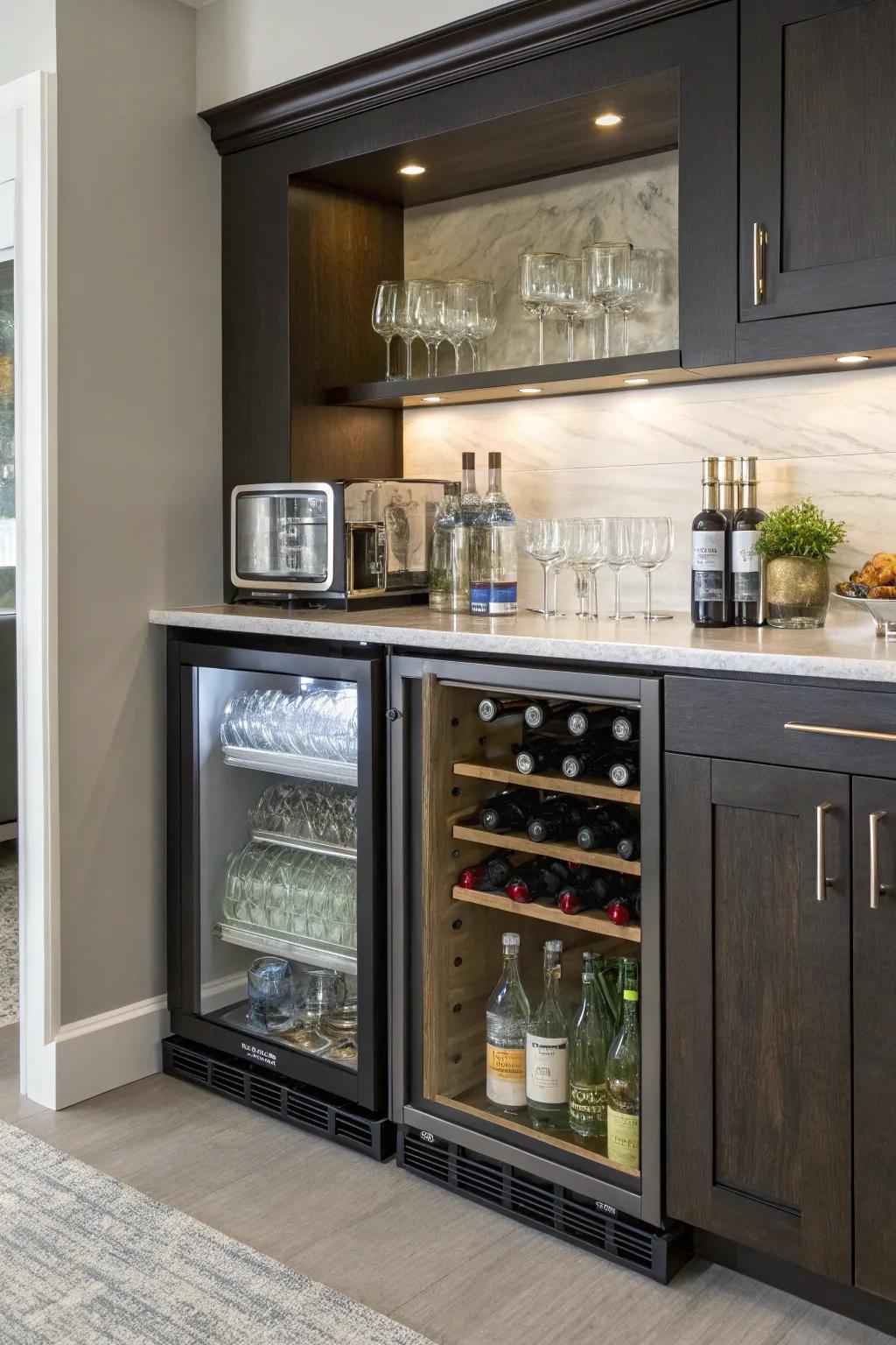 A mini fridge is a practical addition to a dry bar.