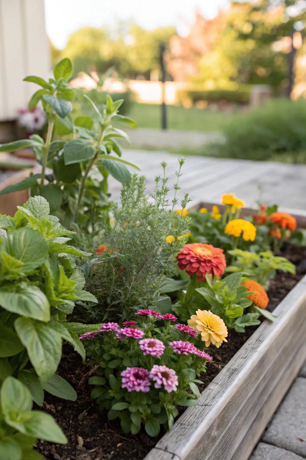 A compact flower garden featuring a delightful combination of ornamental and edible plants.