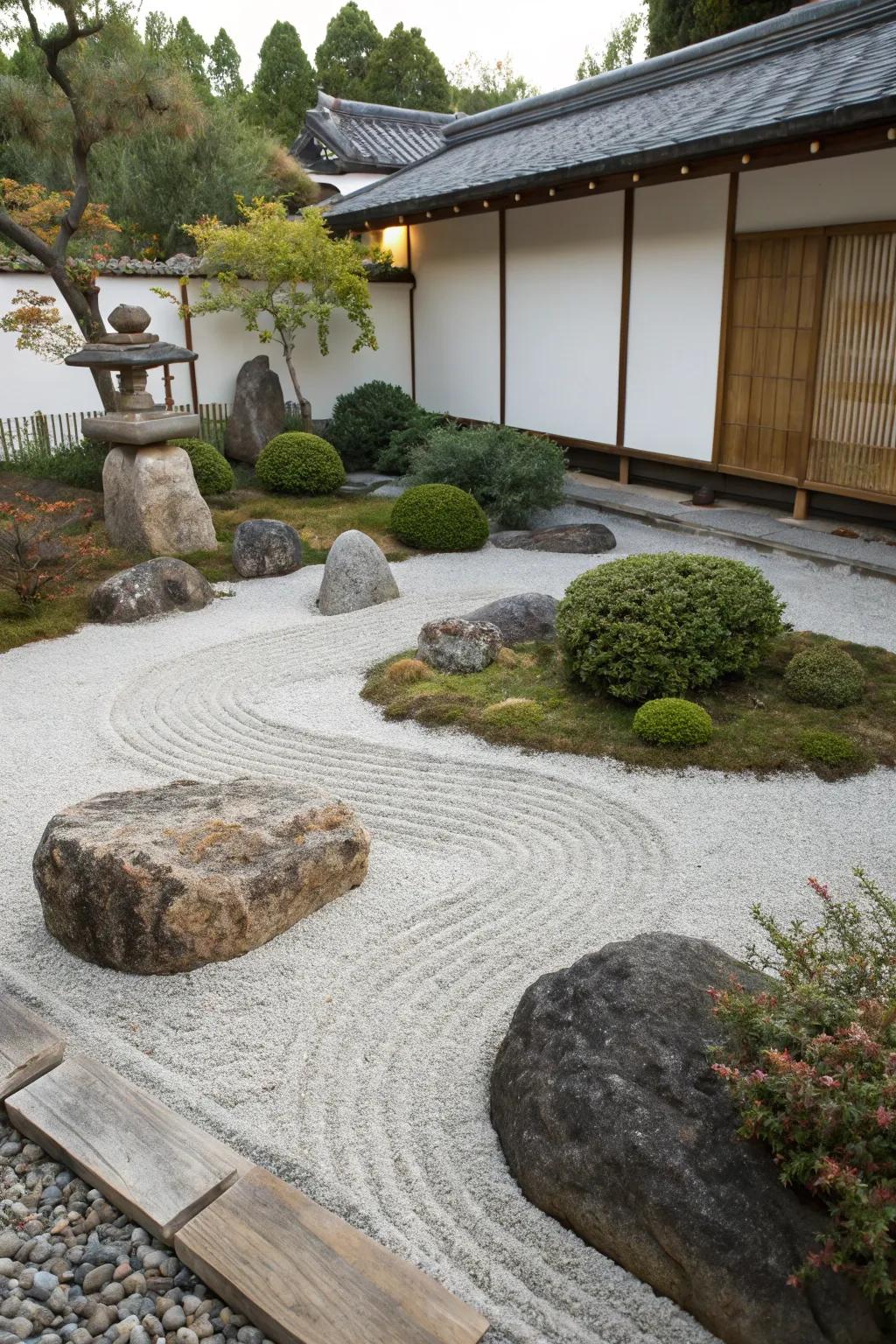 A minimalist Serene garden delivers a peaceful escape with stones and rocks.