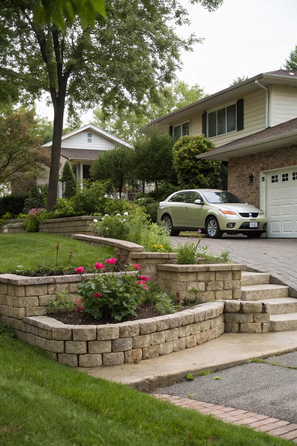A tiered blueprint contributes profundity and structure to your front yard.