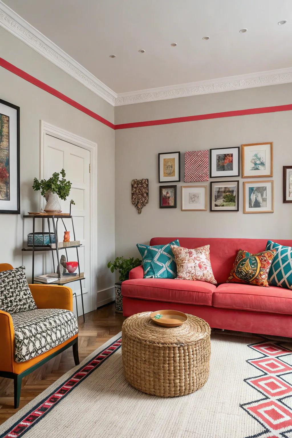 A compact living area showcasing opposing edges for a bold effect.