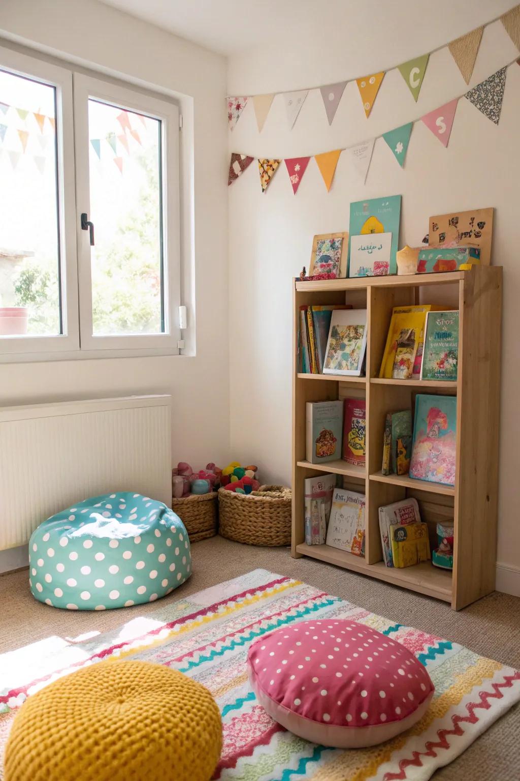 Floor cushions offer a cozy corner for reading and play.