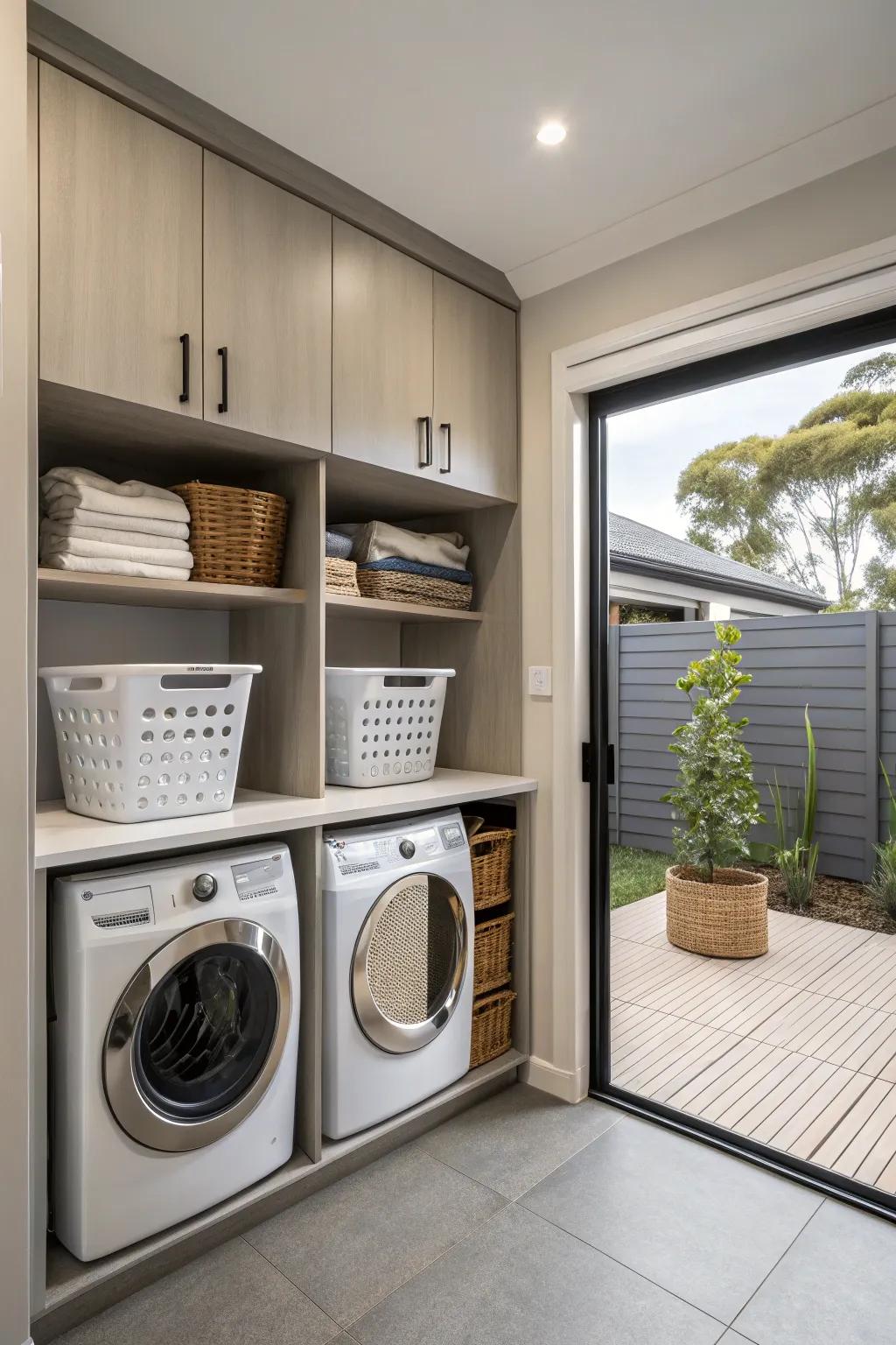Built-in hampers offer discreet storage for used laundry.