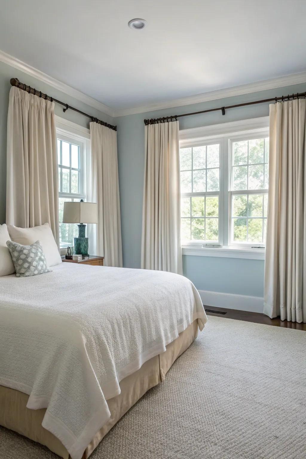 Elevated curtains create a sense of height in a small master bedroom.
