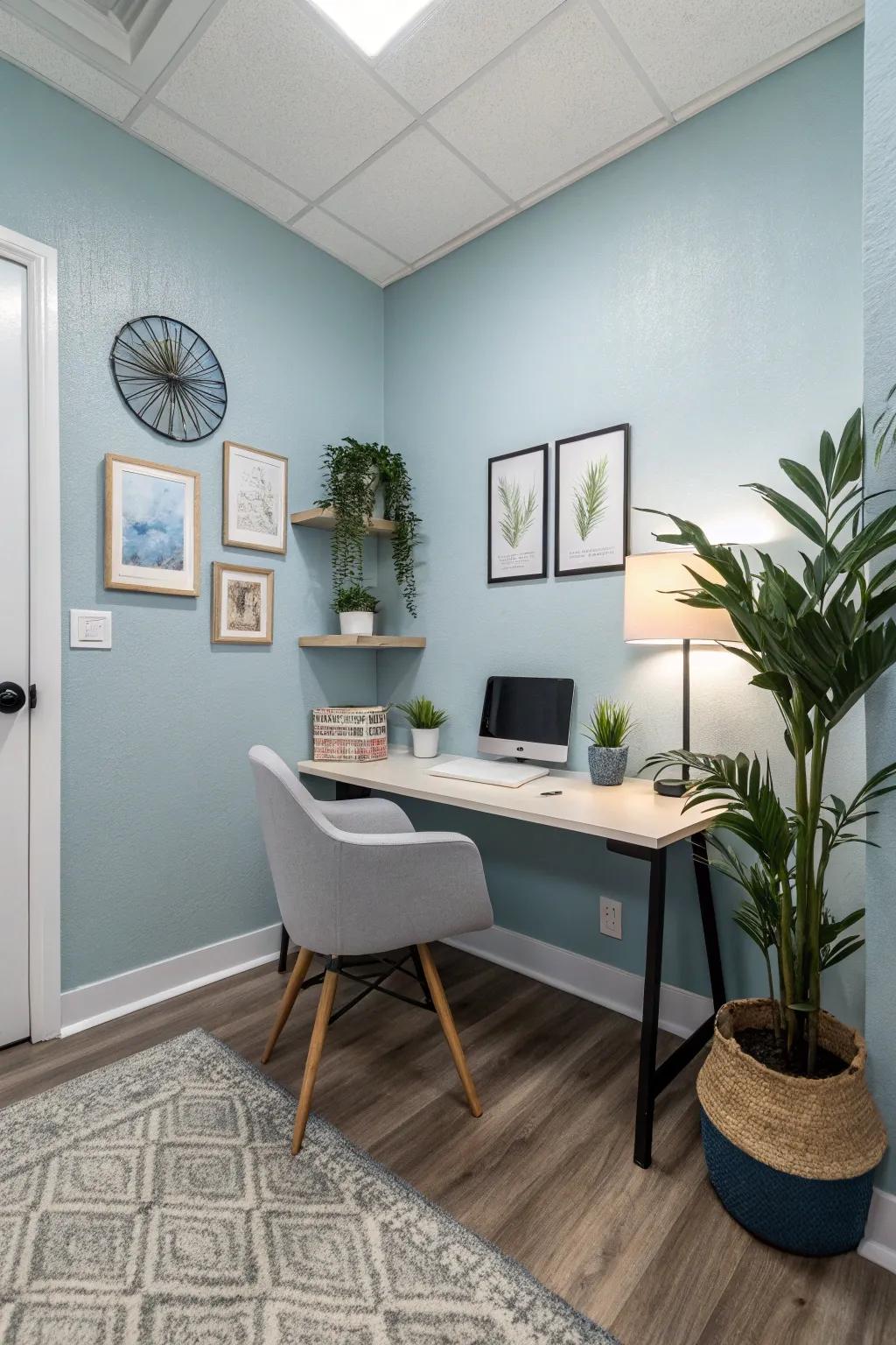 An office space that is calming with walls painted in a blue color.