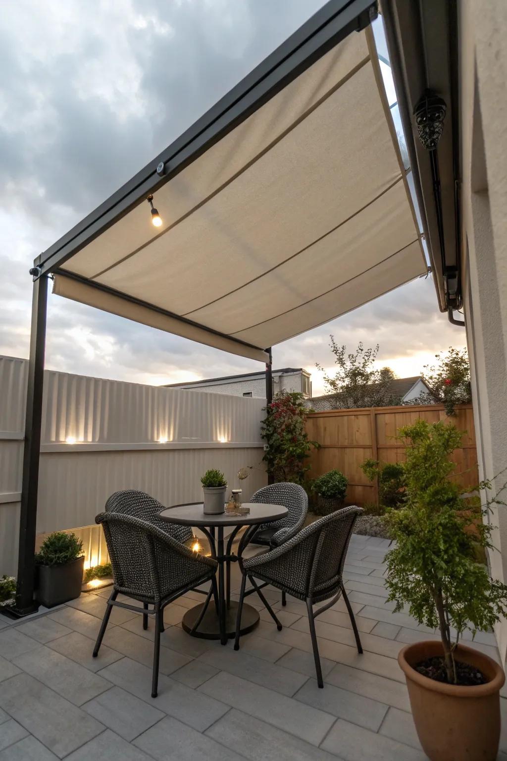 A retractable shade extends adaptable sun safeguarding.