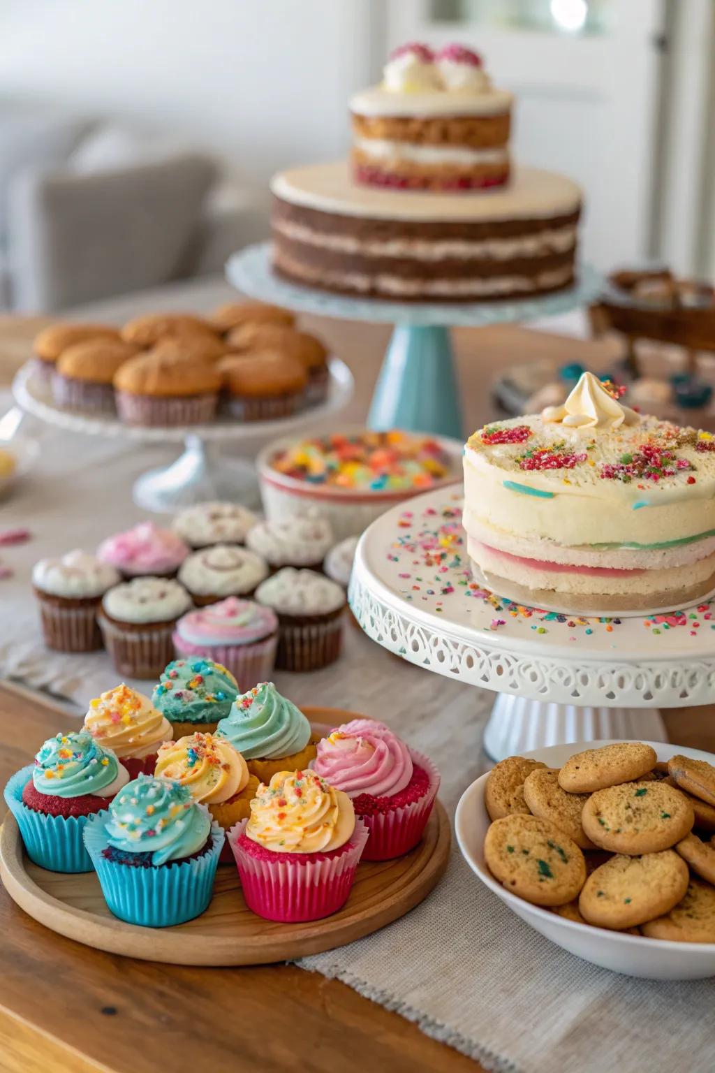 A sweet treat stand arranged with various sweets and delicacies.