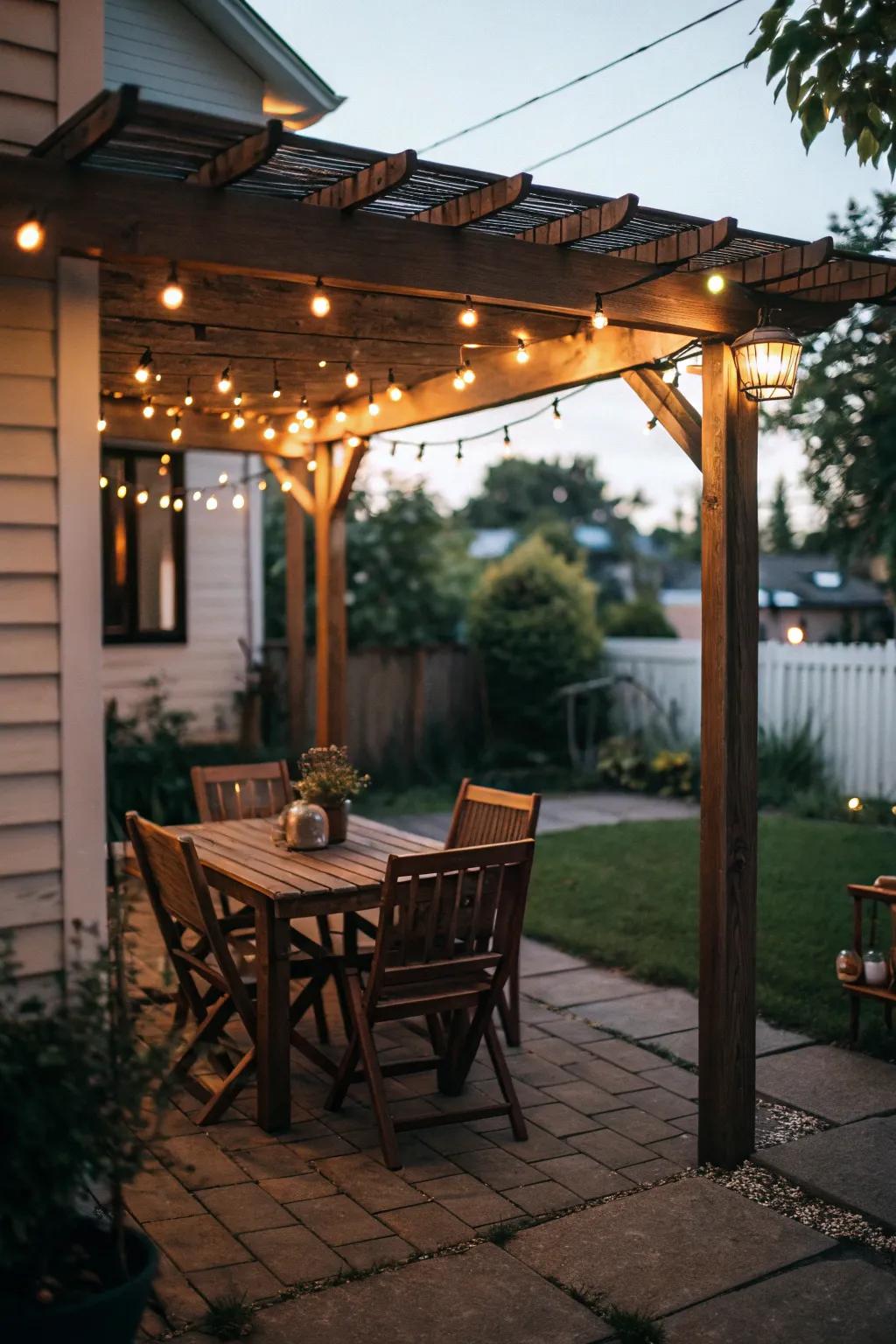 A dining spot beneath a framework provides a charming spot for outdoor meals.