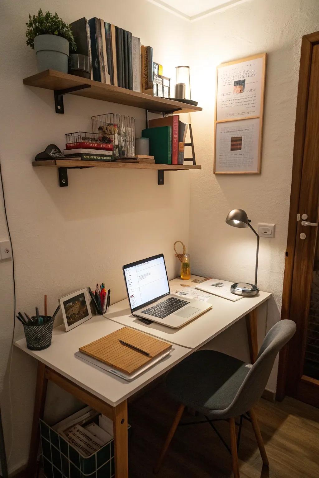 A wall-mounted desk saves space and offers functionality.
