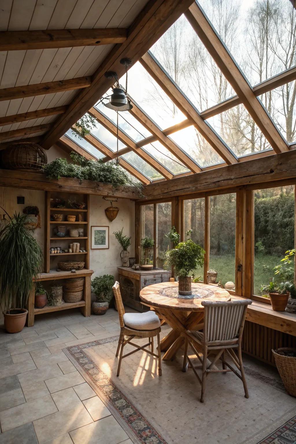 A skylight enhances sunlight and adds a glow to this country-style sunroom.