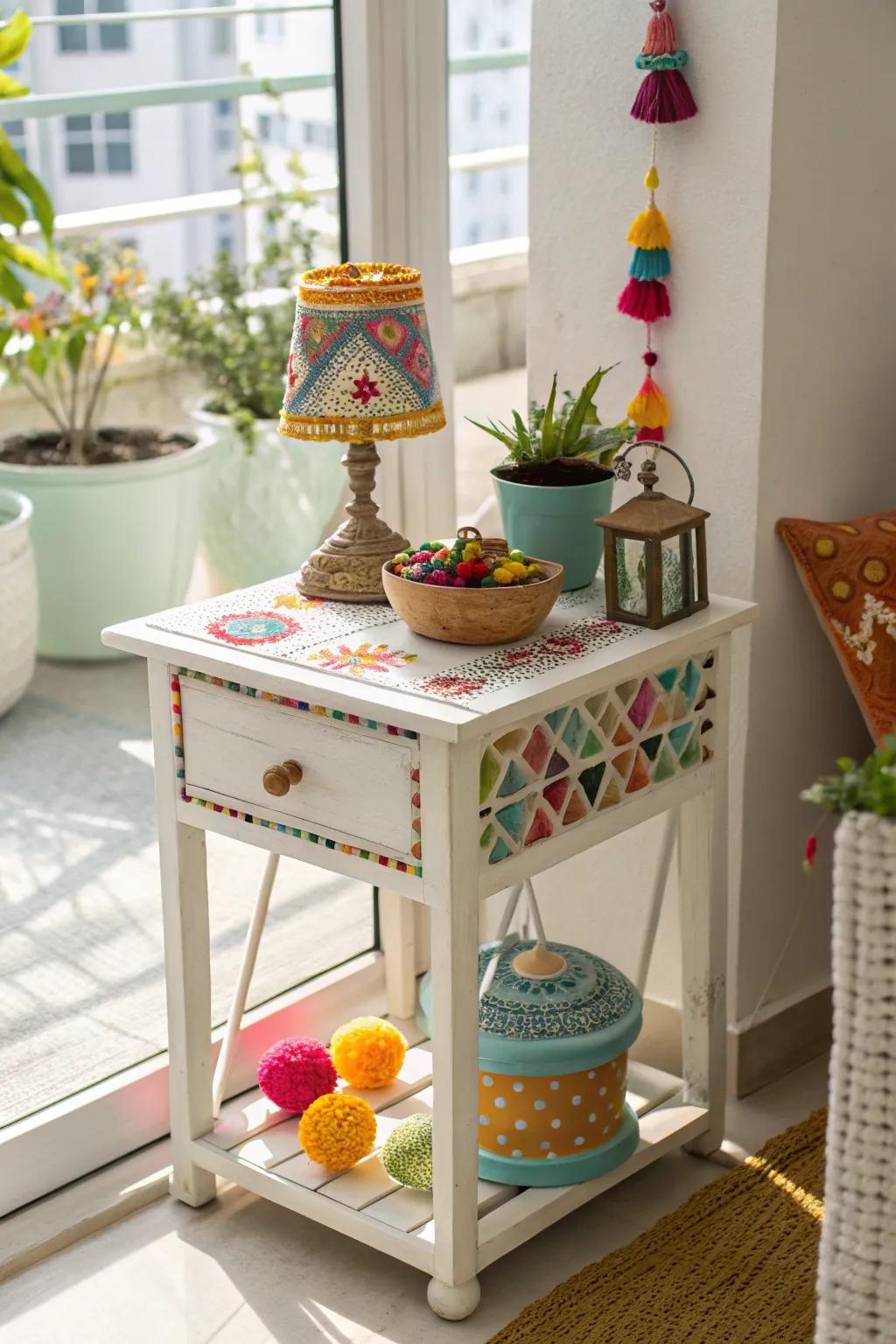 A burst of vibrancy enlivens the side table setting.