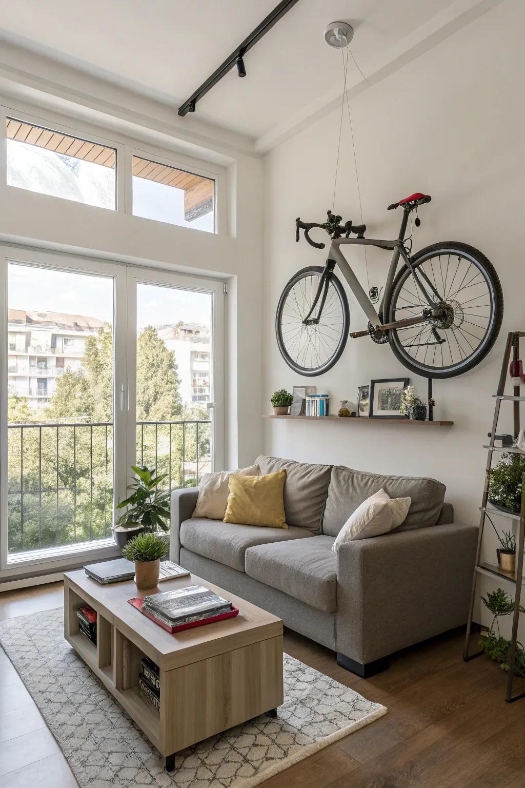Wall-mounted bicycles offer stylish storage.