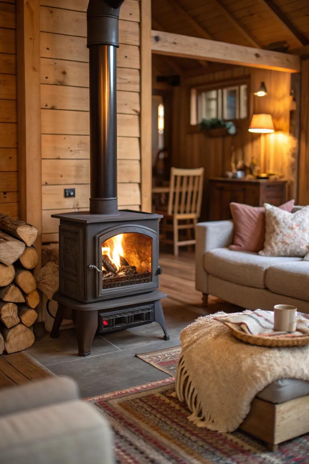 Built-in seating around a hearth heater creates a cozy spot for gatherings.
