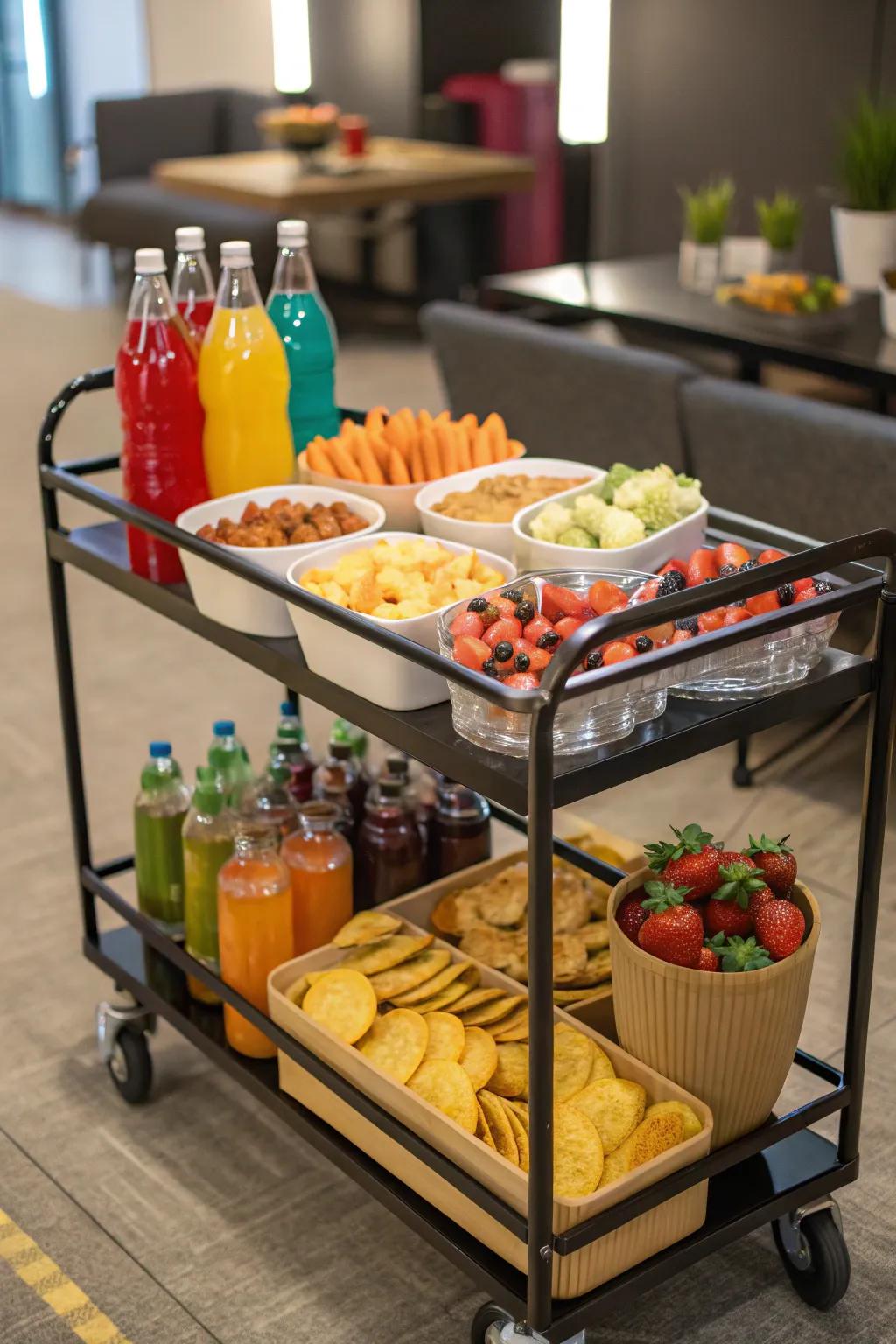 A rolling cart adds flexibility to snack storage.