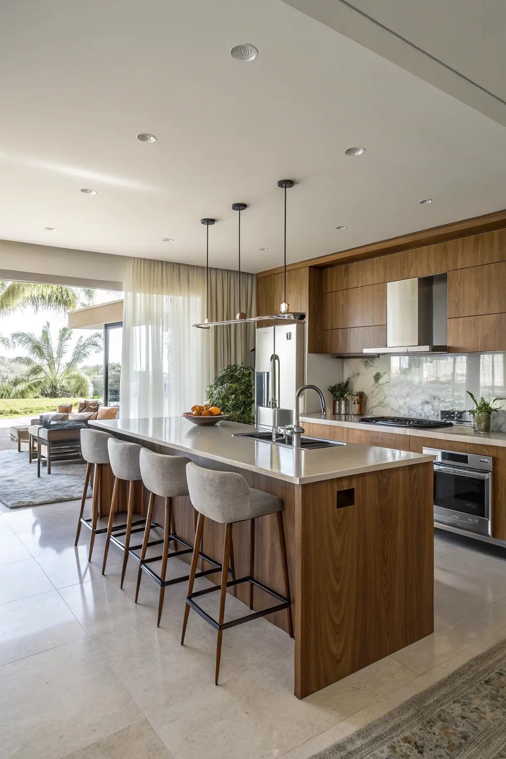 A central island functions as a center for food preparation and mingling.