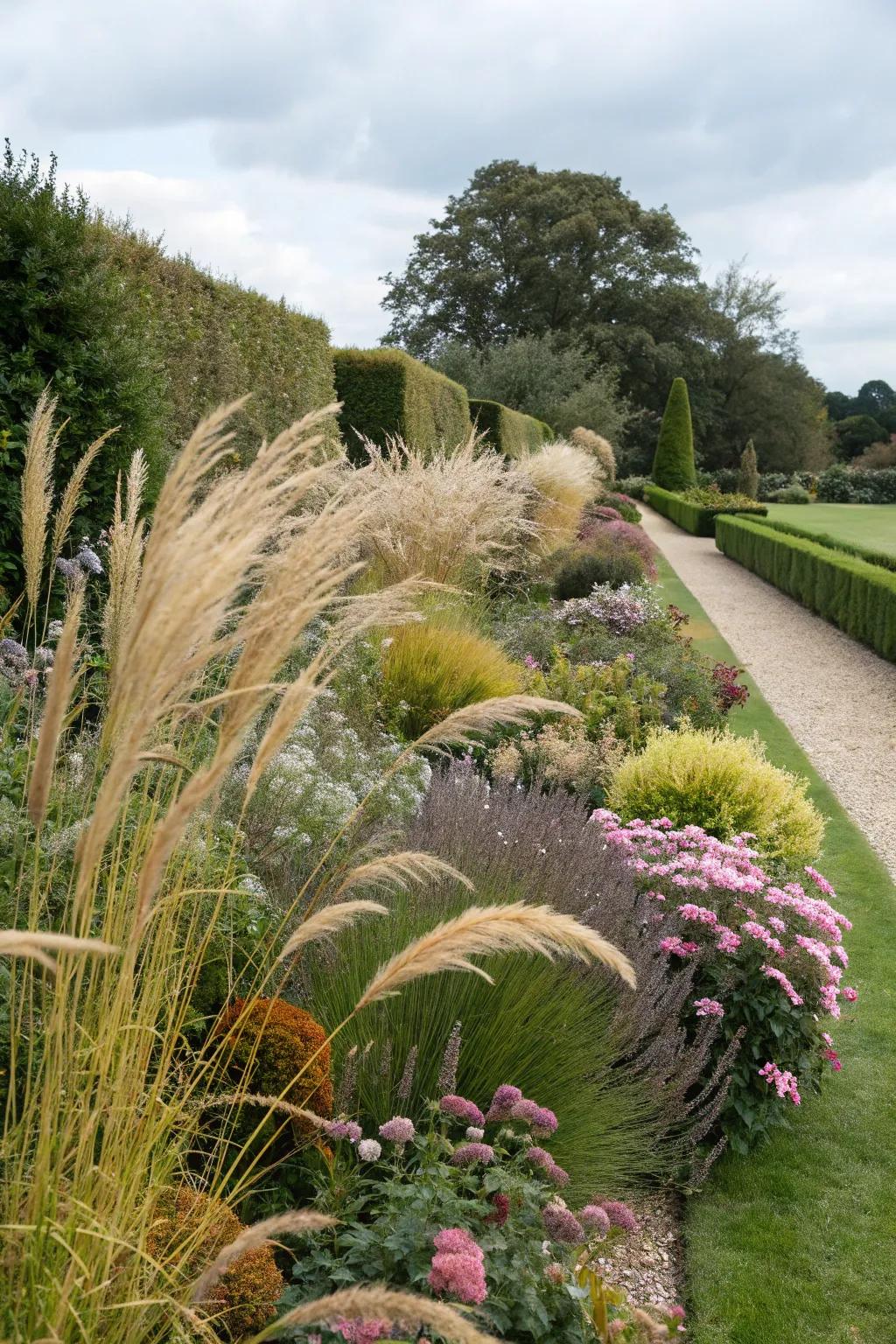 Ornamental grasses contribute an artful nuance to garden perimeters.