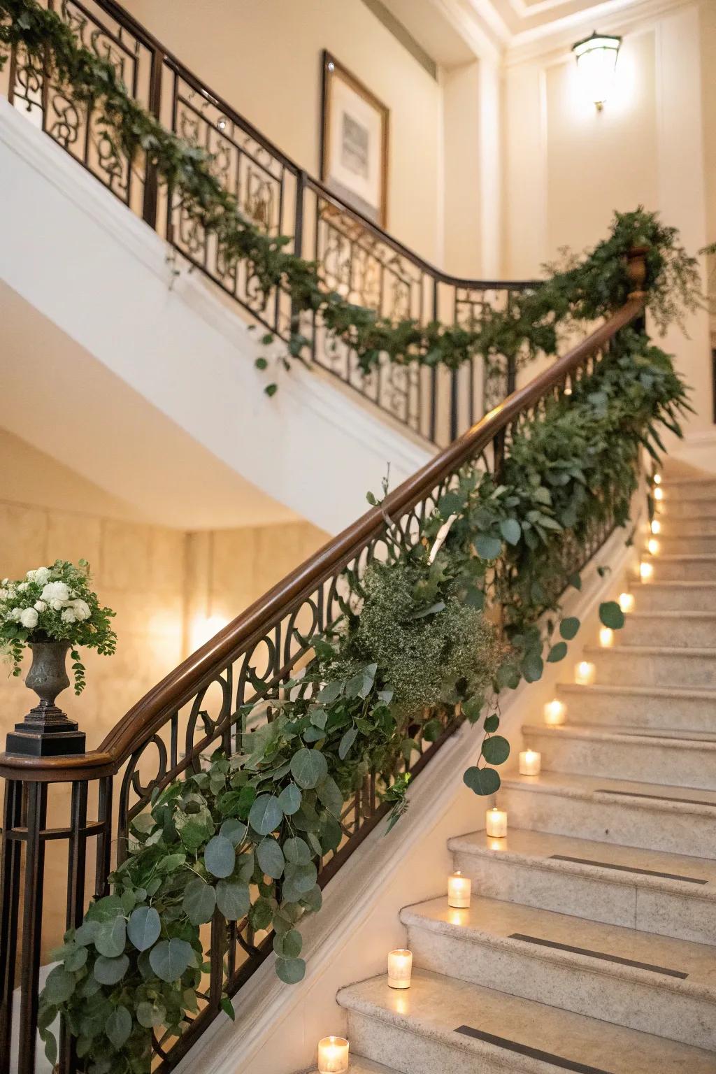 Fragrant leaves runners contribute sophistication to the staircase.