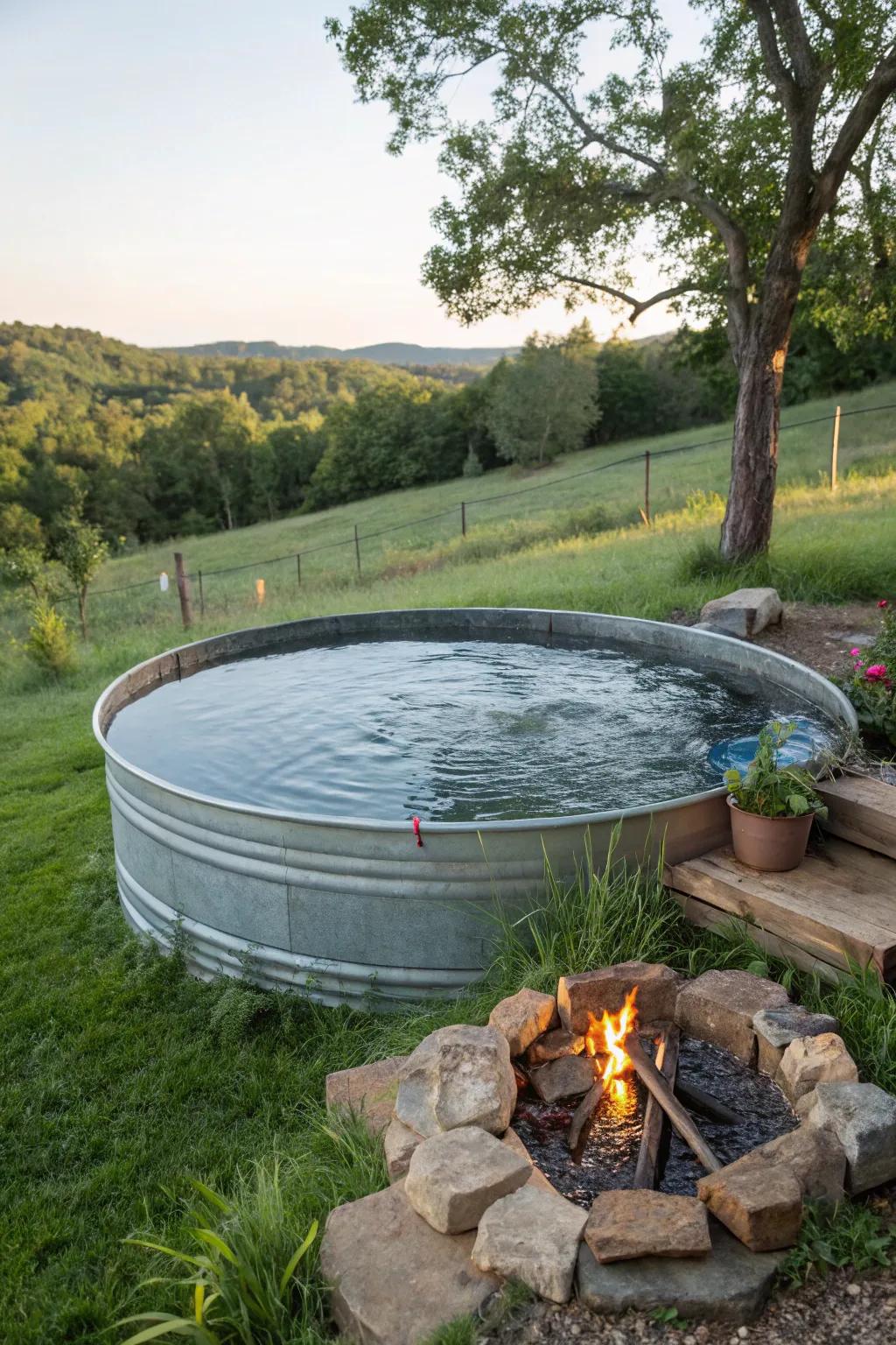 A fire pit appends warmth and style within a water trough pool layout.