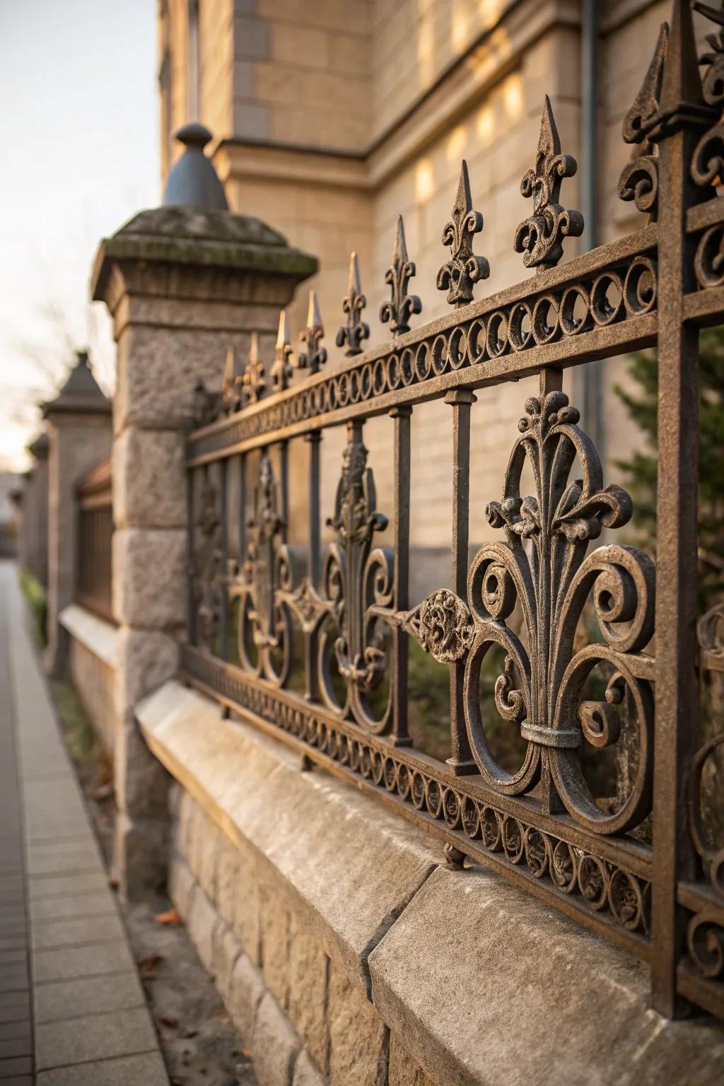 An artistic ironwork pattern in a garden fence.