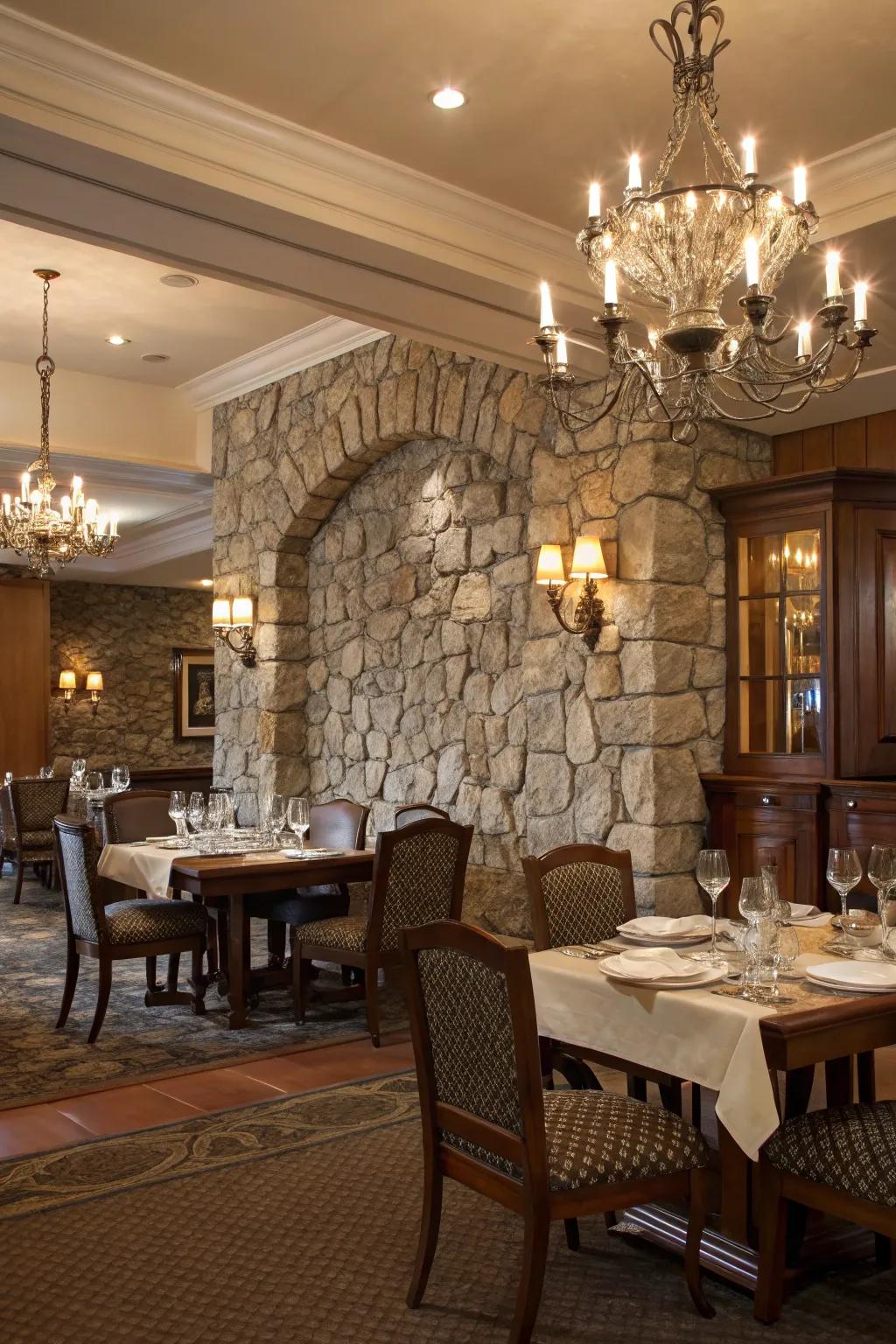 An eating area that captivates with a striking stone wall.