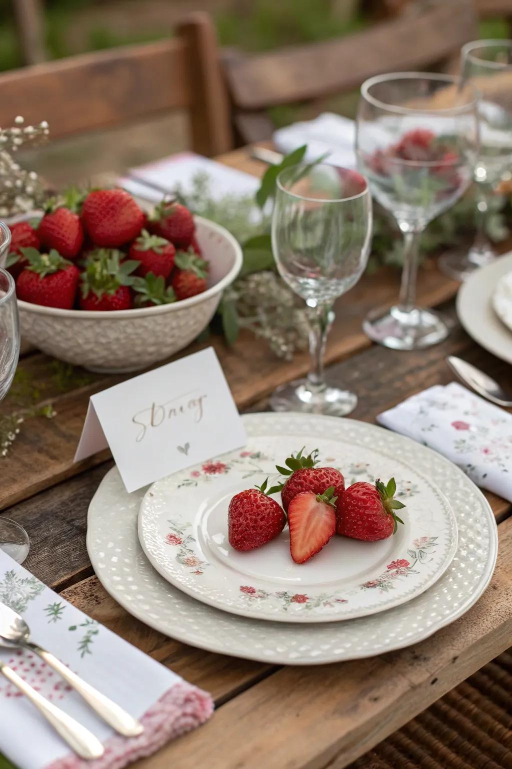 Charming strawberry designation pieces, enhancing a personalized dining atmosphere.