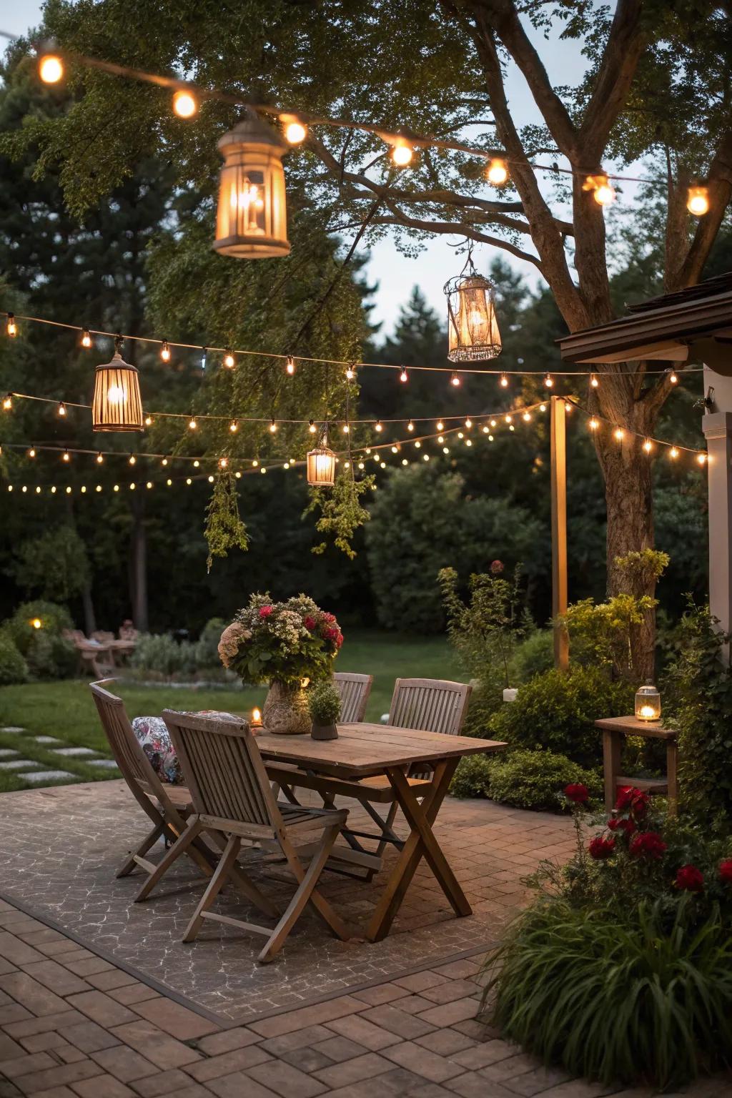Subtle illumination with string lights changes this veranda for evening gatherings.