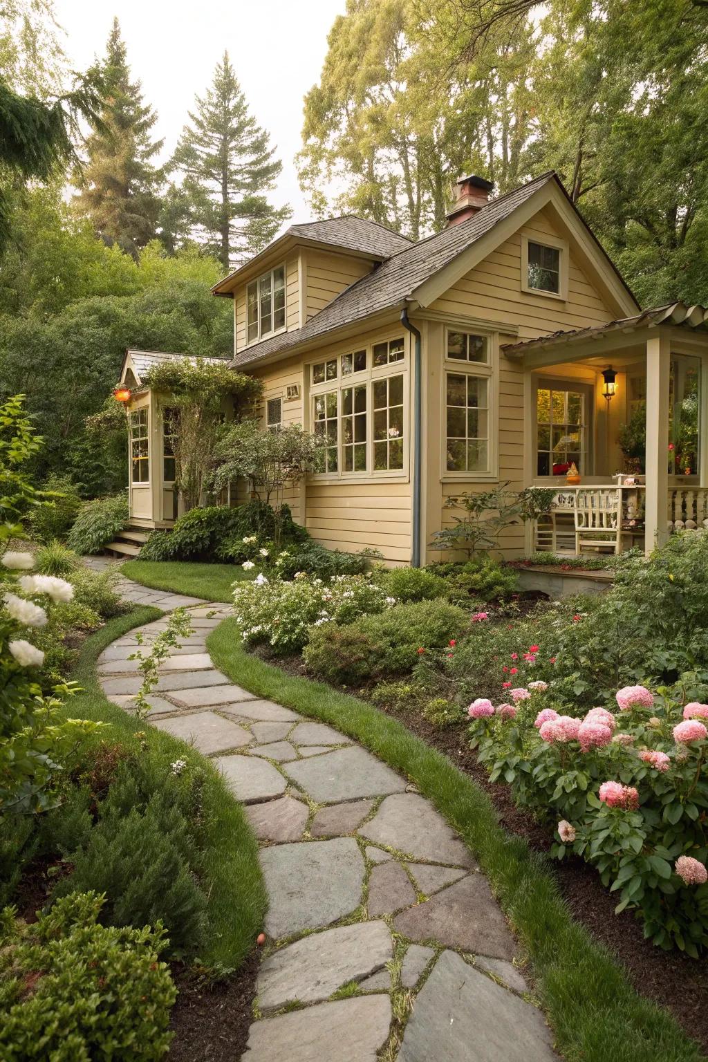 A cozy beige summer house, providing a cozy and inviting garden retreat.