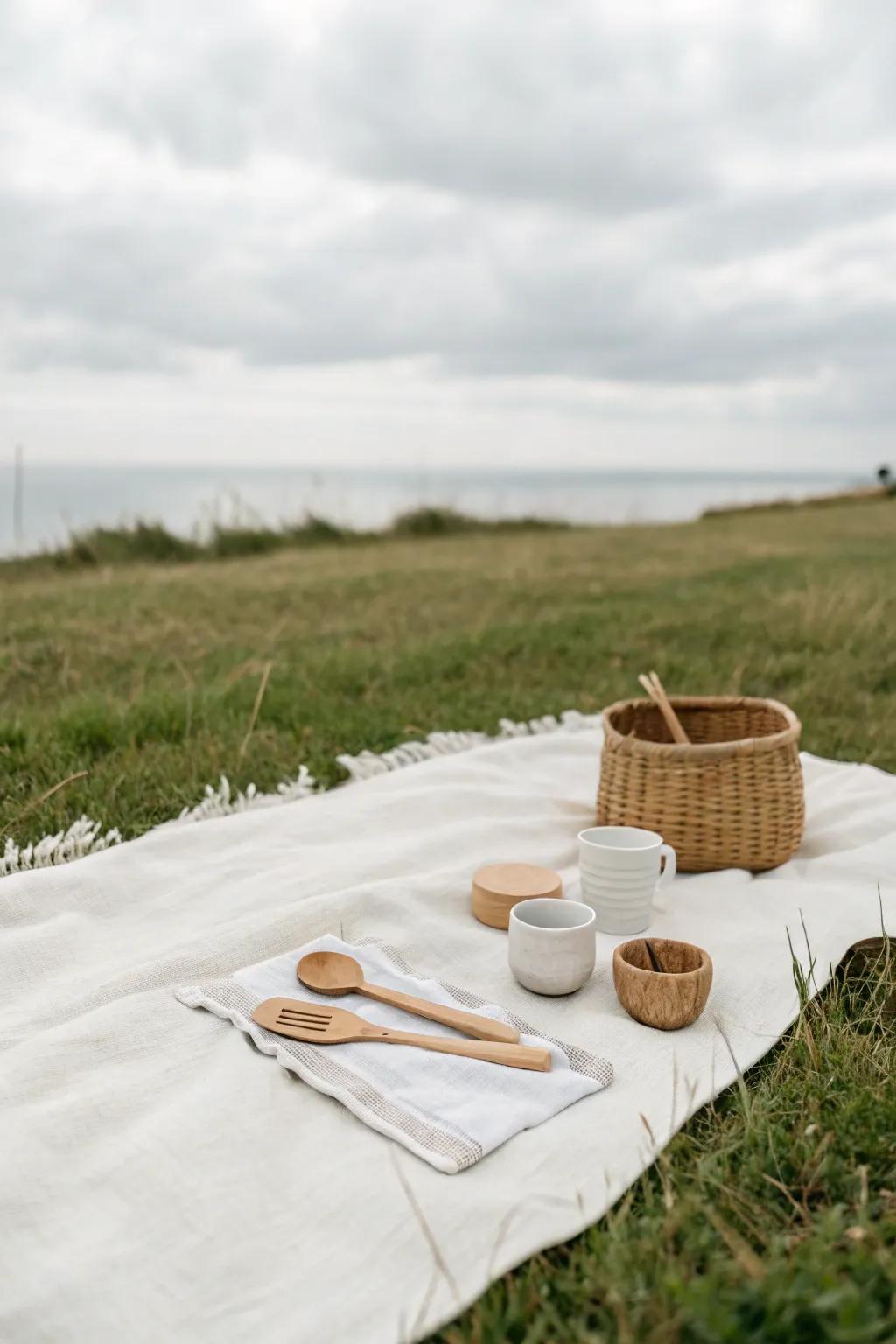 A simple picnic setting with a calm and elegant atmosphere