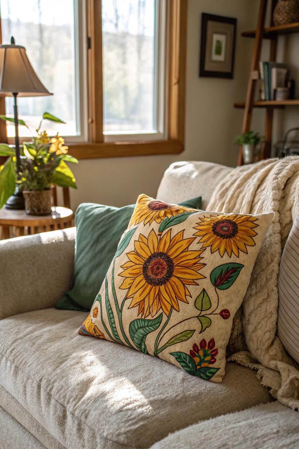 Cozy sunflower comfort cushion adding a pop of color.