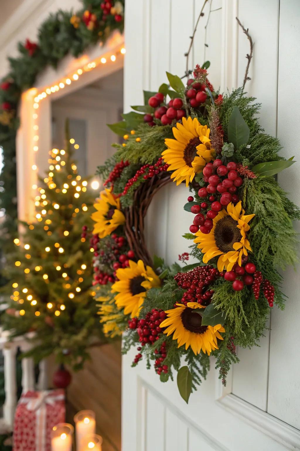 Festive sunflower wreath enhanced by a vibrant berry rosette.