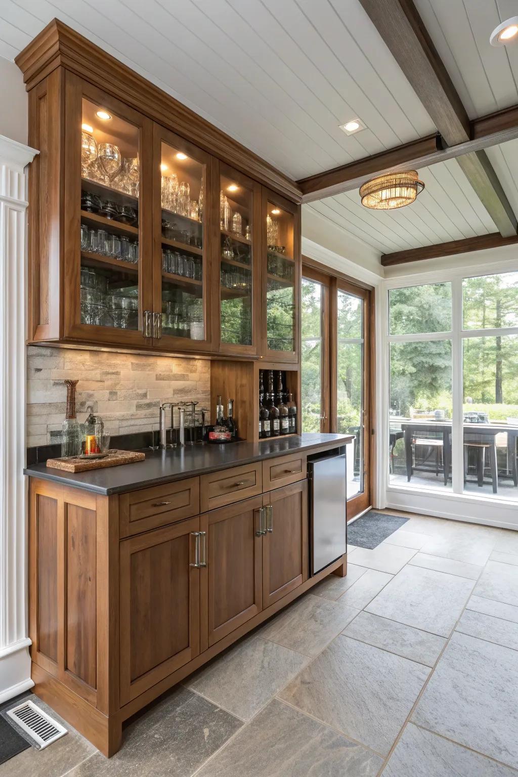 Custom cupboards offer tailored storage and style in your sunroom bar.