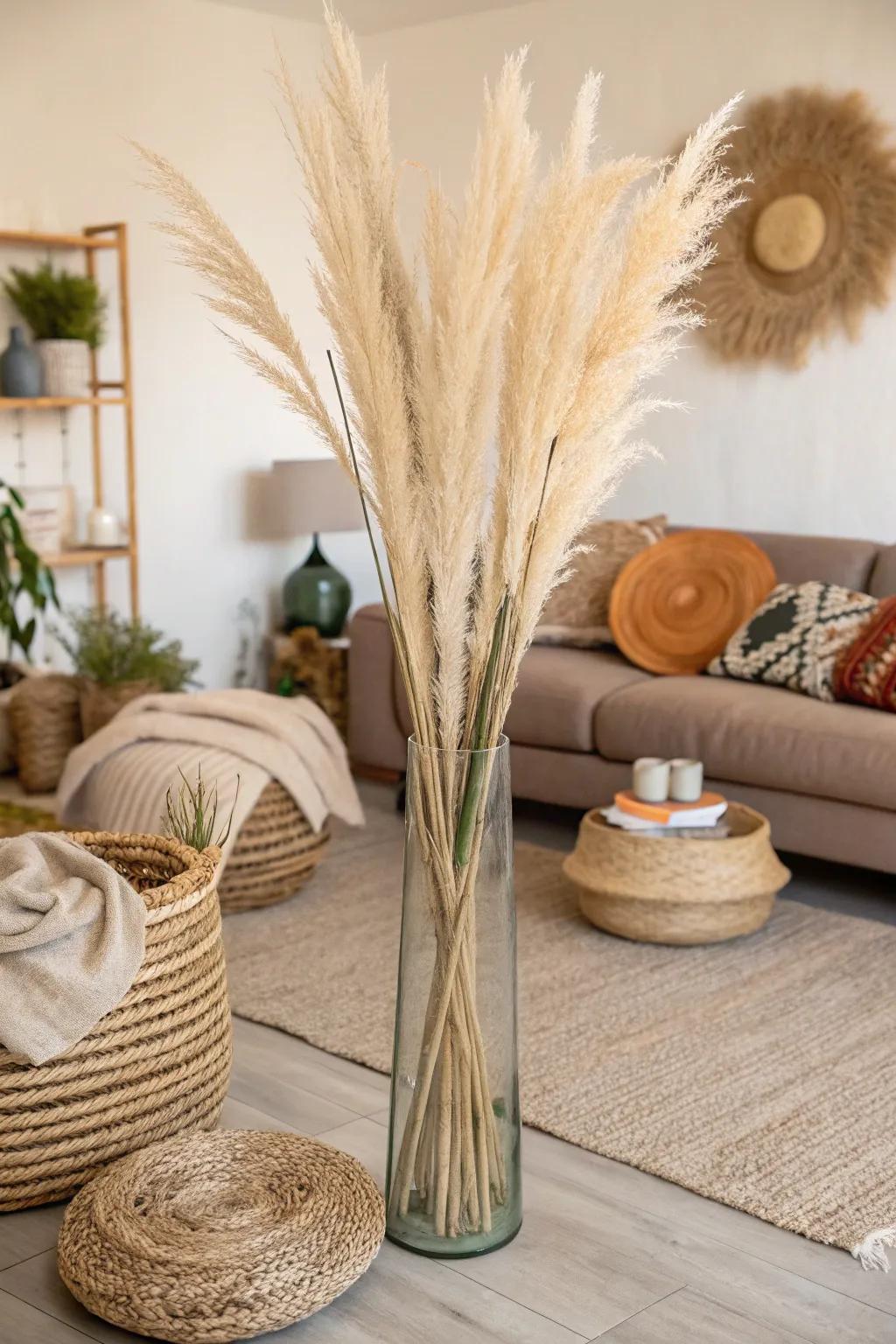 A tall glass vase overflowing with pampas foliage, enriching elevation and boho flair to the living space.