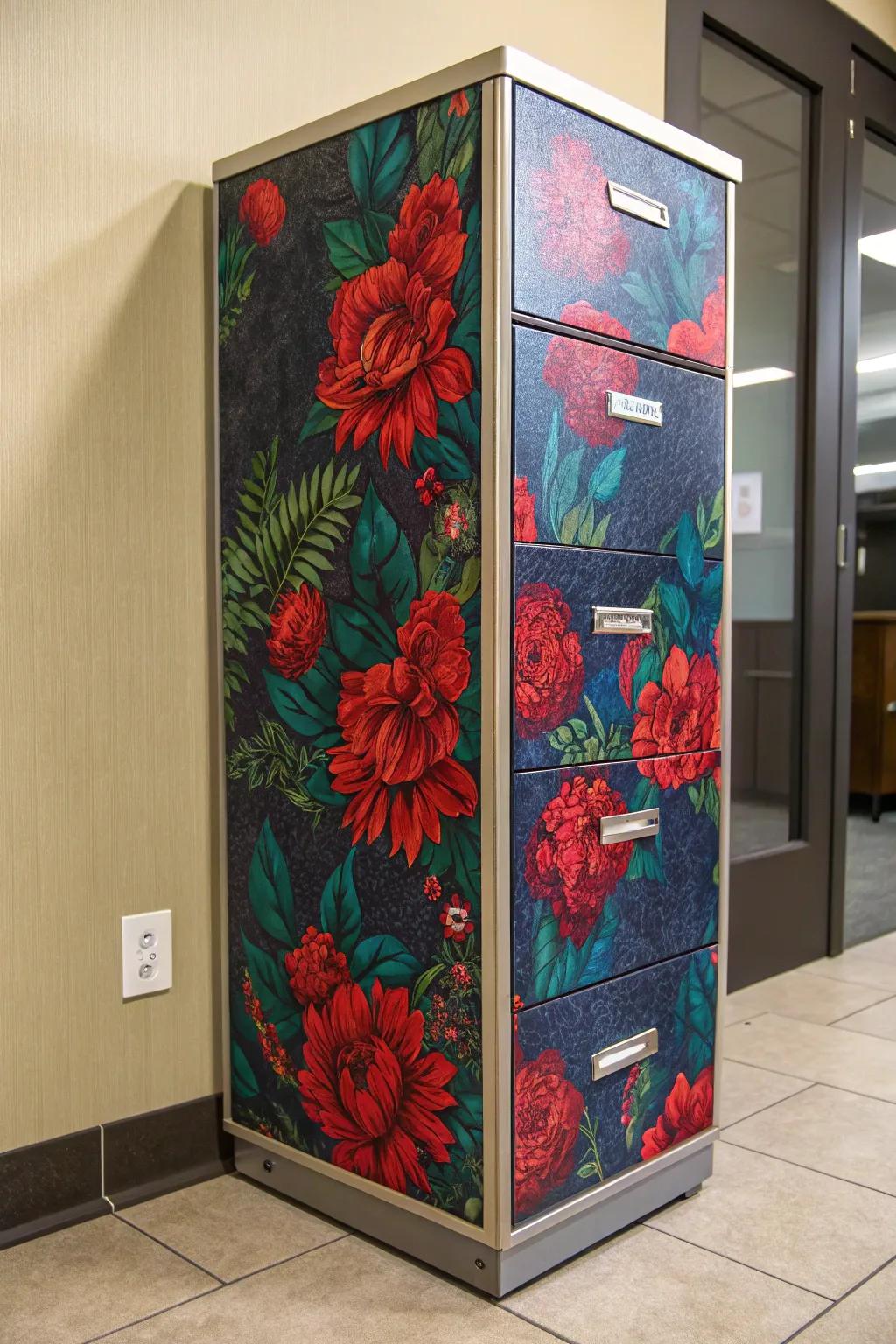 Give your filing cabinet a bold makeover with vibrant floral fabric for a touch of craftsmanship and style.