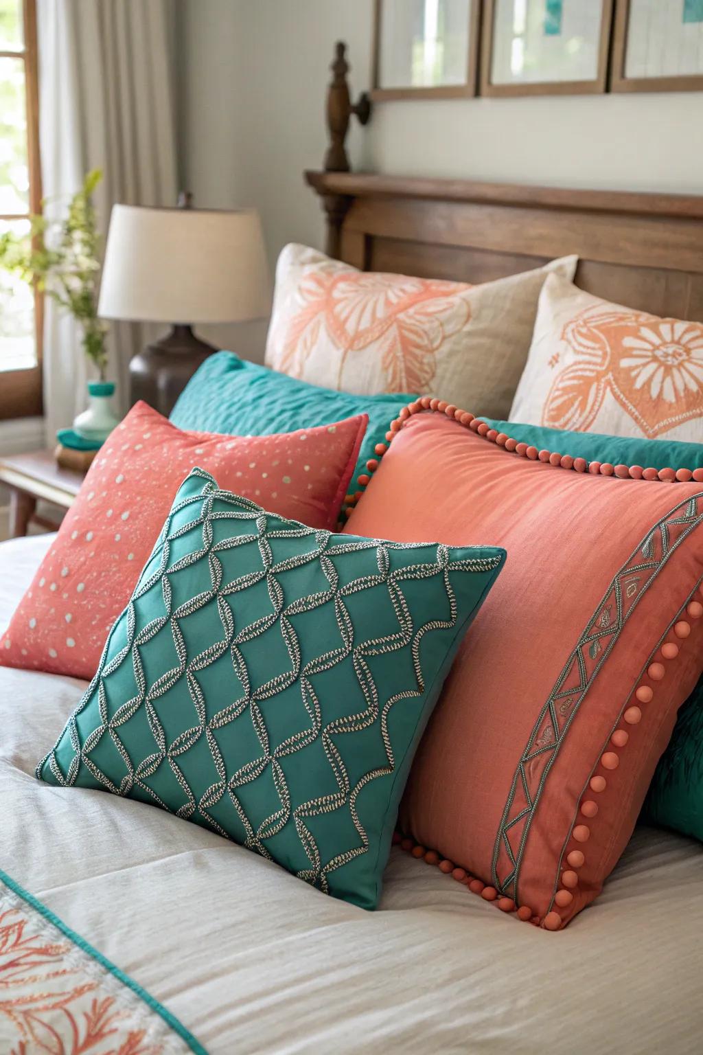 Sea-green and sunset-orange pillows give a revitalizing touch.