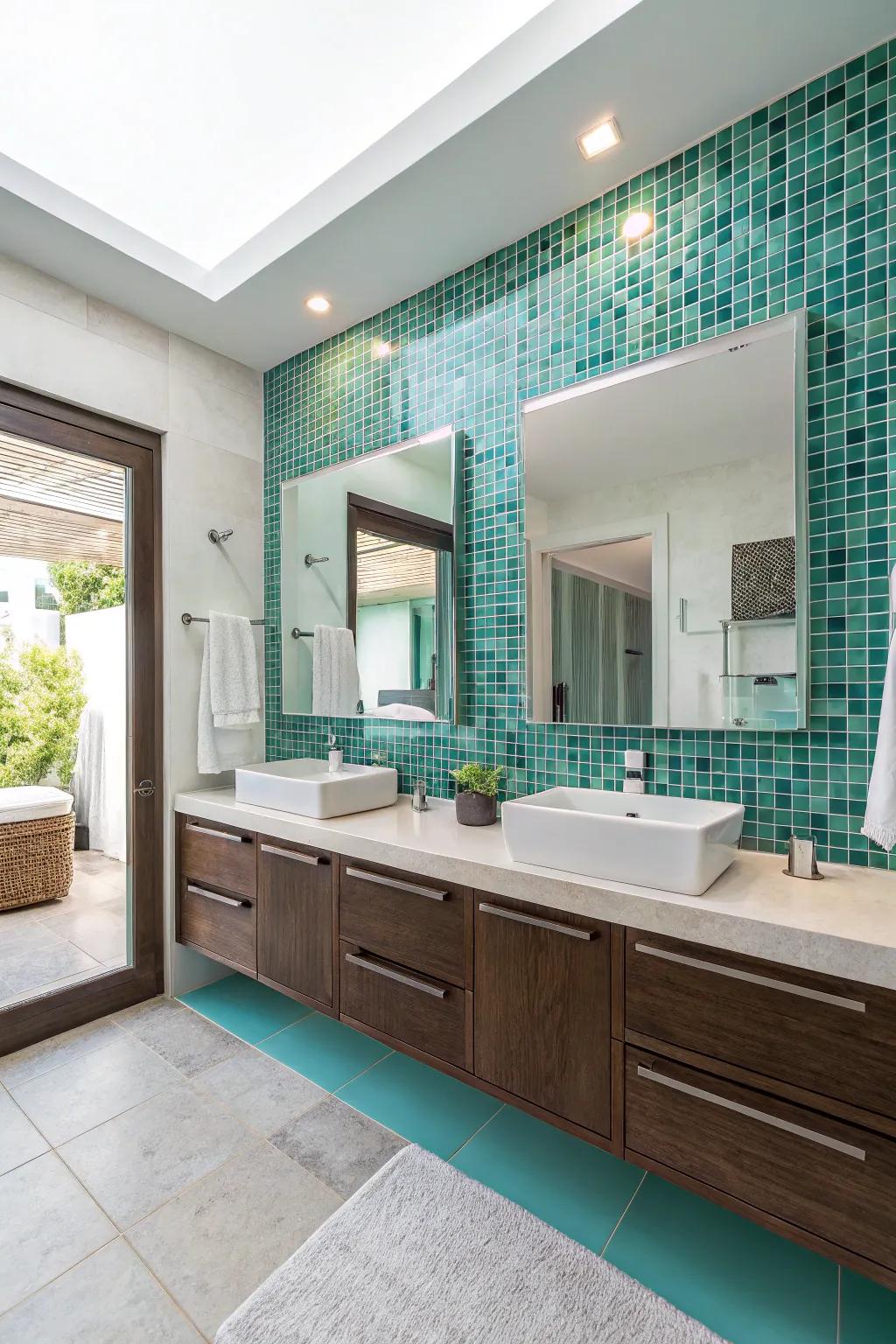 Display artistry using teal small tile elements.