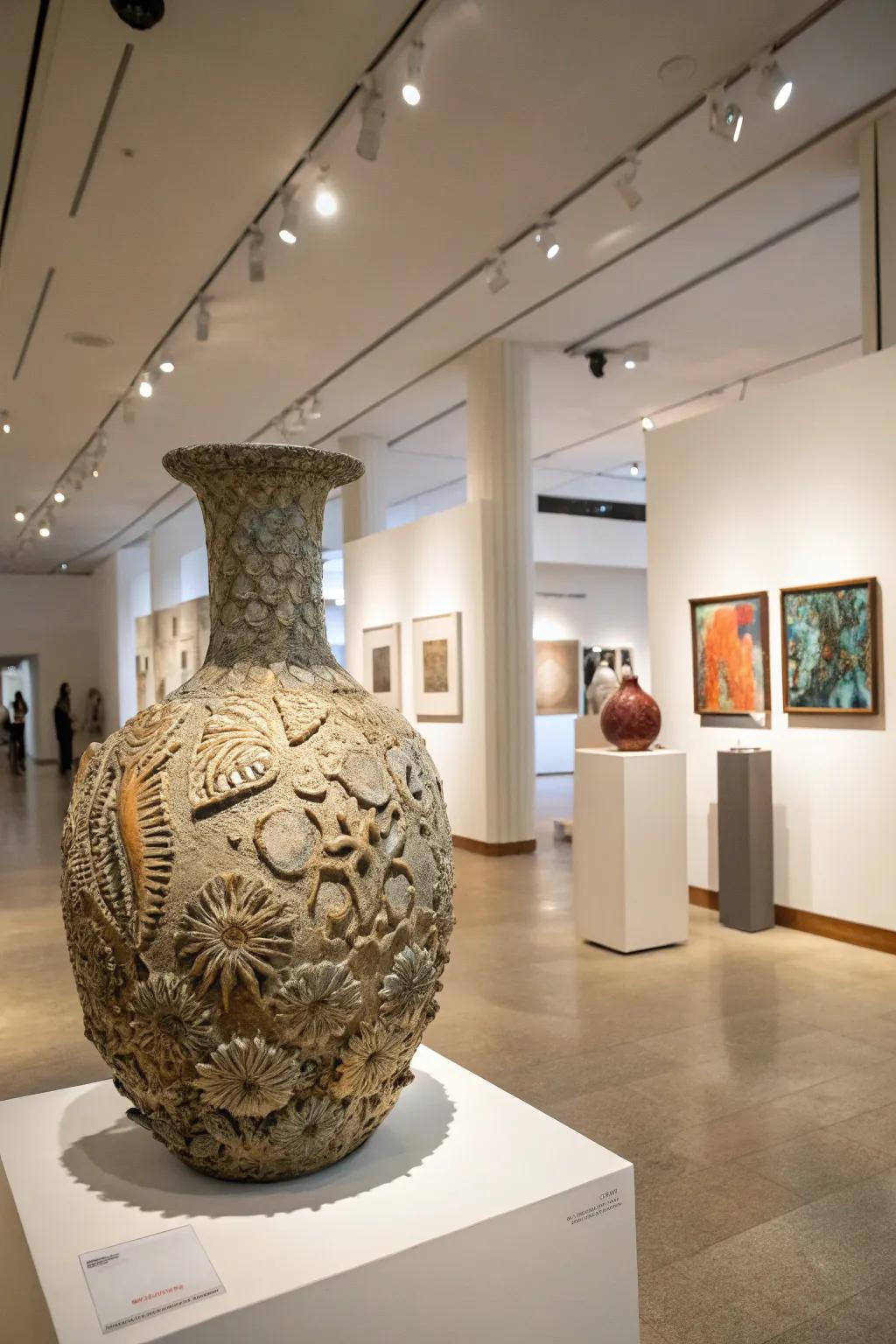 A sculptural textured art piece draws all the focus in this modern gallery.