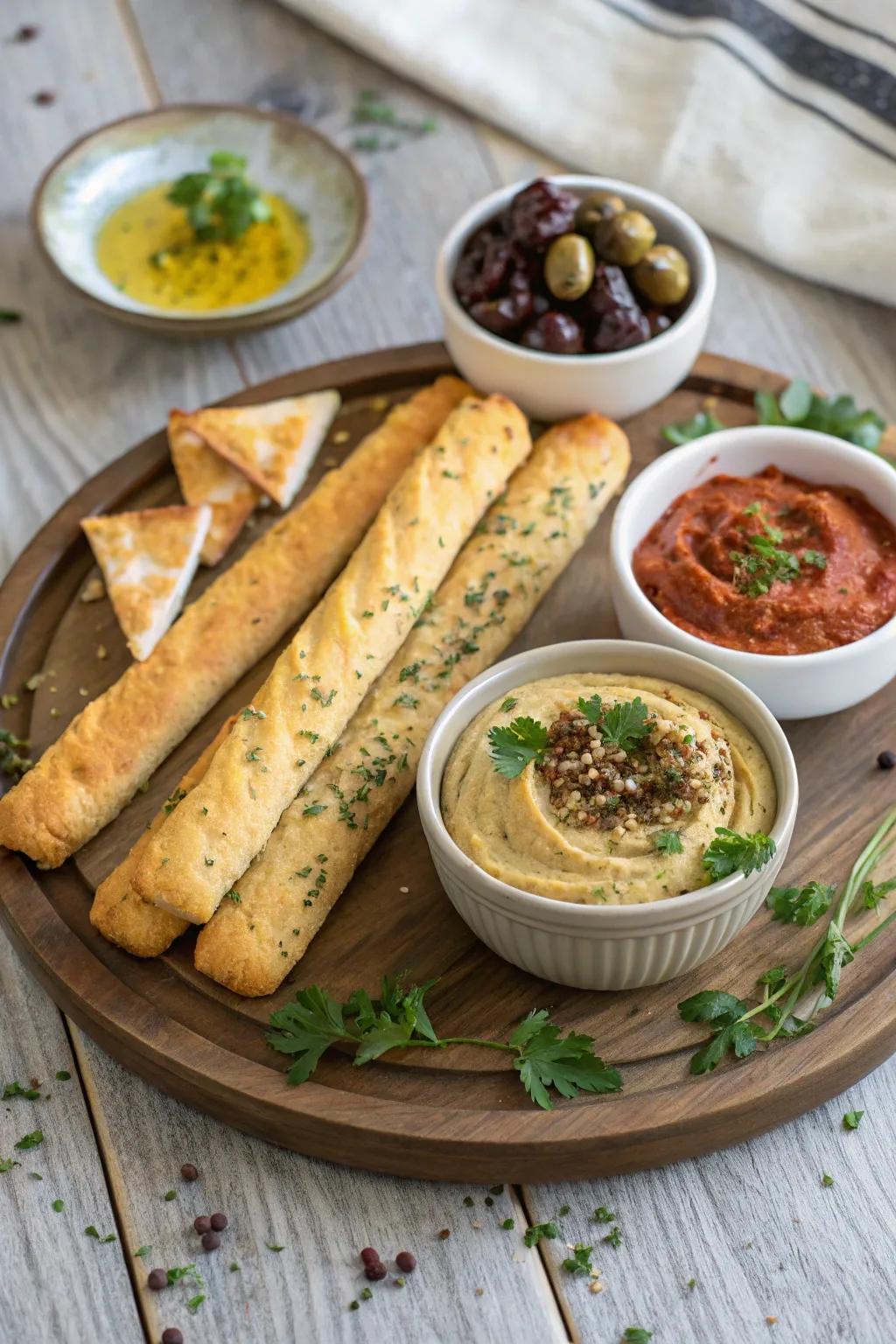 Fragrant breadsticks paired with enticing dips for a tantalizing snack.