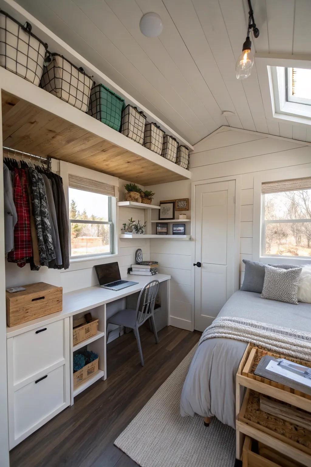 Storage racks on the ceiling keeping the bedroom tidy and clutter-free.