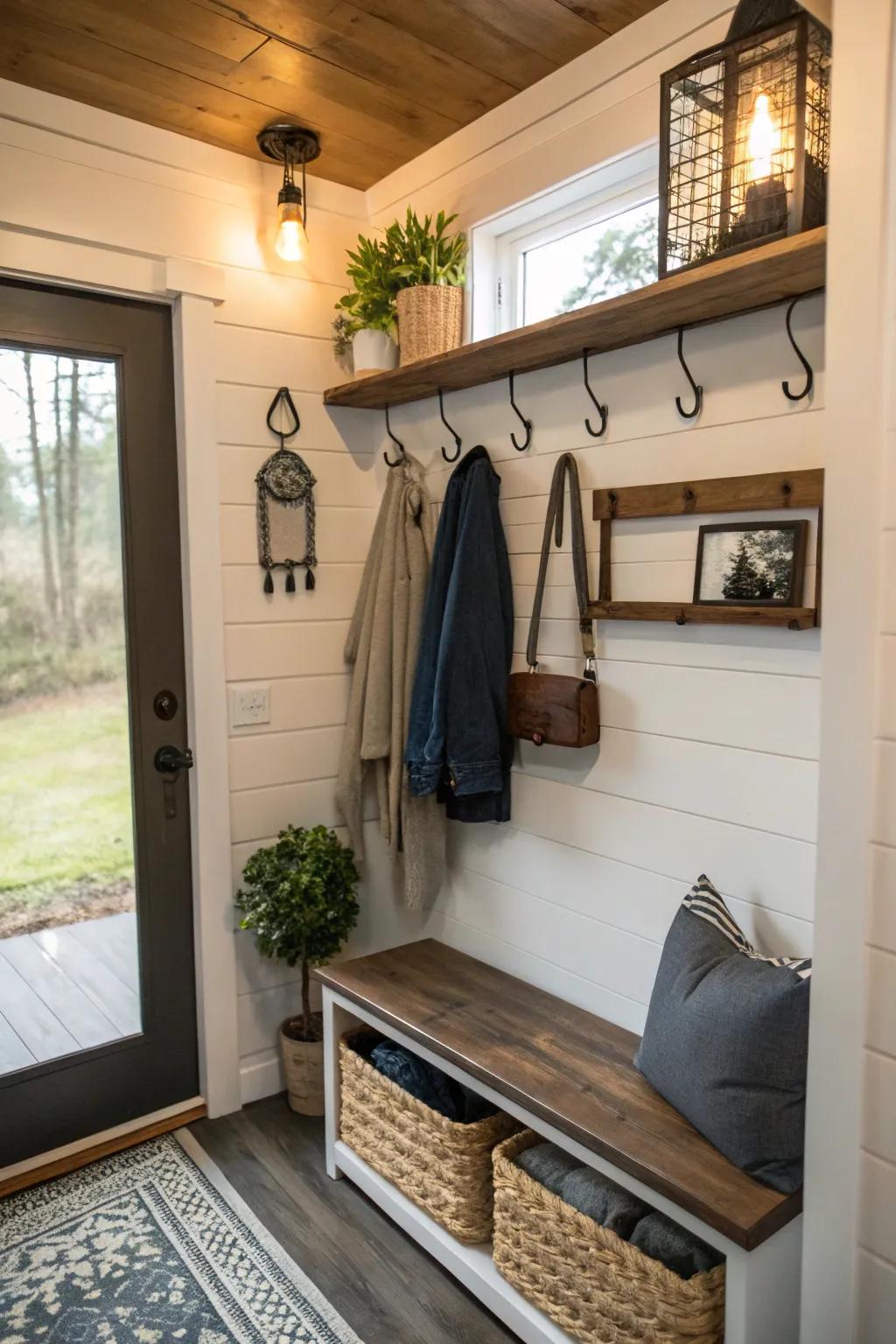 An organized hanging station in a tiny house entryway